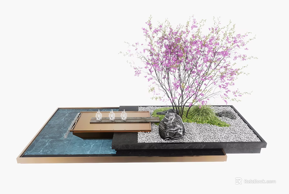 Miniature Garden Ornament With Purple Flowering Tree Stone Slab Path Small Water Feature And Pebbles 3d model 
