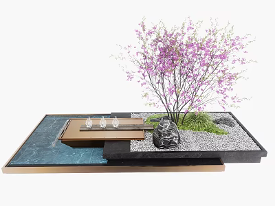 Miniature Garden Ornament With Purple Flowering Tree Stone Slab Path Small Water Feature And Pebbles 3d model