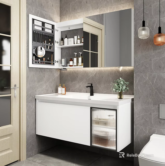 Modern Bathroom Vanity With White Countertop Storage Cabinet Mirror And Gray Marble Wall 3d model 
