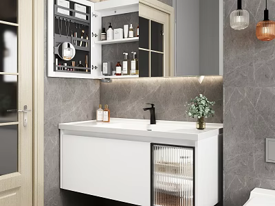 Modern Bathroom Vanity With White Countertop Storage Cabinet Mirror And Gray Marble Wall 3d model