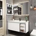 Modern Bathroom Vanity With White Countertop Storage Cabinet Mirror And Gray Marble Wall