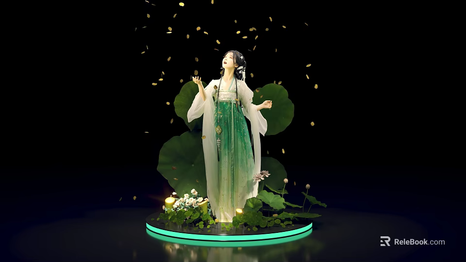 Elegant Green Hanfu Woman With Lotus Leaves Falling Petals On Green Light Ring Platform 3d model 