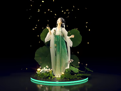 Elegant Green Hanfu Woman With Lotus Leaves Falling Petals On Green Light Ring Platform 3d model