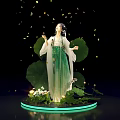 Elegant Green Hanfu Woman With Lotus Leaves Falling Petals On Green Light Ring Platform