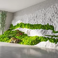 Indoor Landscape Design Featuring White Wavy Wall Green Moss Coverage Window And Side Plants Stones