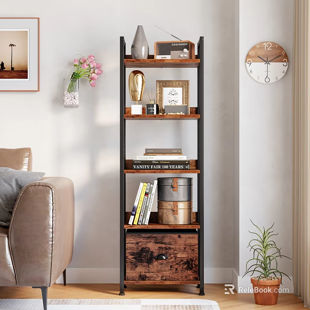Multi Tiered Wood And Metal Shelf With Books Decorations Photo Frame And Living Room Elements 3d model 