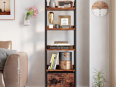 Multi Tiered Wood And Metal Shelf With Books Decorations Photo Frame And Living Room Elements 3d model