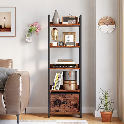 Multi Tiered Wood And Metal Shelf With Books Decorations Photo Frame And Living Room Elements 3d model