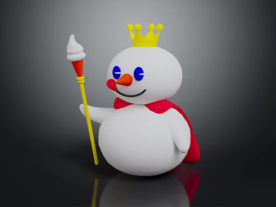 Adorable Snowman Figure With Yellow Crown Red Cape Blue Eyes Red Nose Scepter 3d model