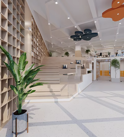 Book Art Modern Open Space Design with Bookshelves Staircase and Plants 3d model