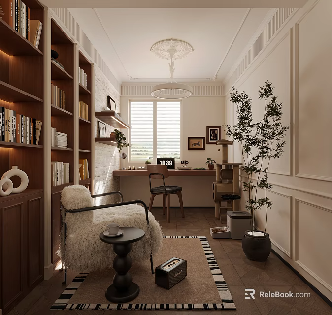 Cozy Study Room Interior With Wooden Bookshelves Desk Chair Potted Plant And Window 3d model 