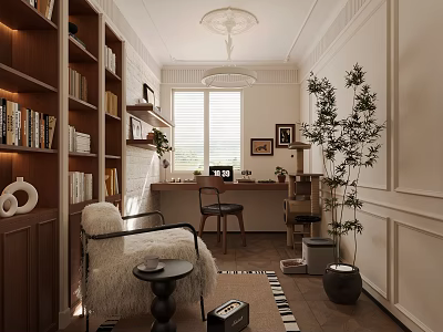 Cozy Study Room Interior With Wooden Bookshelves Desk Chair Potted Plant And Window 3d model