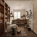 Cozy Study Room Interior With Wooden Bookshelves Desk Chair Potted Plant And Window