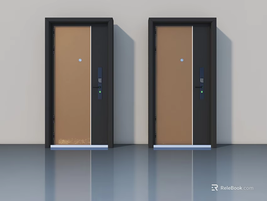 Modern Double Swing Doors With Brown Panels And Black Frames For Interior 3d model