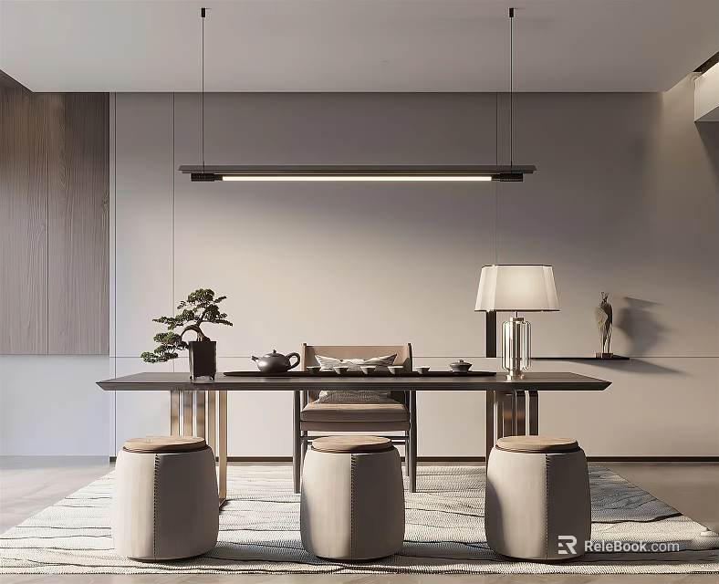 Elegant Modern Tea Table With Chairs Stools And Table Lamp For Home Interior 3d model