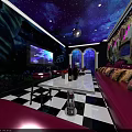 Starry Sky Ceiling KTV With Purple Sofas Mural Black White Checkered Floor Large Screen TV