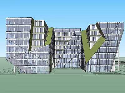 Modern Office Building With Glass Curtain Walls Unique Geometric Design and Green Accents 3d model