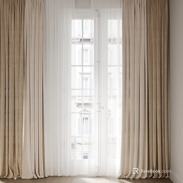 Elegant Beige Curtains with White Window Frame and Building View Outside 3d model 
