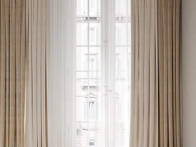 Elegant Beige Curtains with White Window Frame and Building View Outside 3d model
