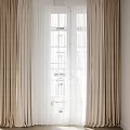 Elegant Beige Curtains with White Window Frame and Building View Outside