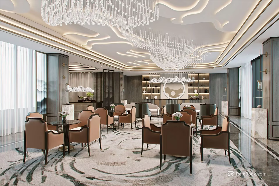 Luxurious Hotel Public Lounge Interior With Crystal Chandelier Comfortable Chairs Patterned Carpet And Decorative Bookshelves 3d model 