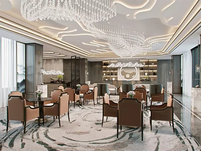 Luxurious Hotel Public Lounge Interior With Crystal Chandelier Comfortable Chairs Patterned Carpet And Decorative Bookshelves 3d model