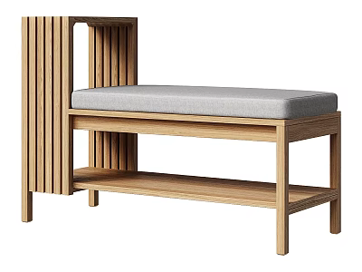 Modern Wooden Entryway Bench With Gray Cushioned Seat Vertical Slats And Lower Shelf 3d model