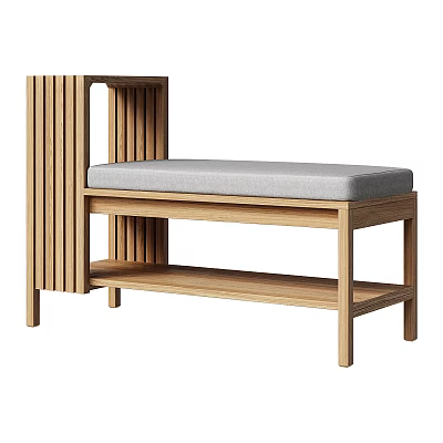 Modern Wooden Entryway Bench With Gray Cushioned Seat Vertical Slats And Lower Shelf 3d model