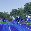 Vibrant Children's Play Area With Blue Wavy Ground Green Grass And Trees
