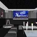 Stylish KTV Interior Featuring Starry Ceiling Large Screen Sofas Neon Lights And Glasses