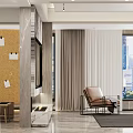 Modern Dining And Living Room With Gray Cabinets Marble Walls Mirror And Green Plant