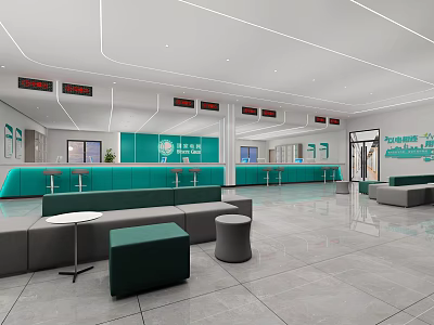 Modern Service Hall Interior With Green Counters Gray Seating And Spacious Layout 3d model