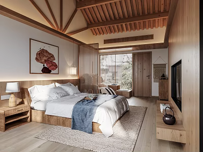 Rustic Hotel Room Interior With Wooden Ceiling Bed Decorative Painting And Window 3d model