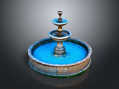 Classical Three Tier Garden Ornament Fountain With Circular Stone Basin And Blue Water 3d model