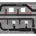 Industrial Metal Piping System Layout On Ceiling With Ventilation Grilles
