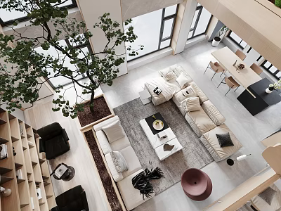 Duplex Living Room Interior Design With Open Layout Large Windows Cozy Sofa And Indoor Plant 3d model