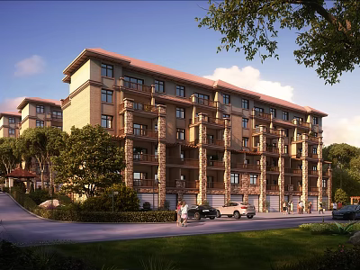 Modern Multi Storey Residential Building With Brown Roof Balconies Trees Greenery Street Cars And Pedestrians 3d model