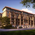 Modern Multi Storey Residential Building With Brown Roof Balconies Trees Greenery Street Cars And Pedestrians