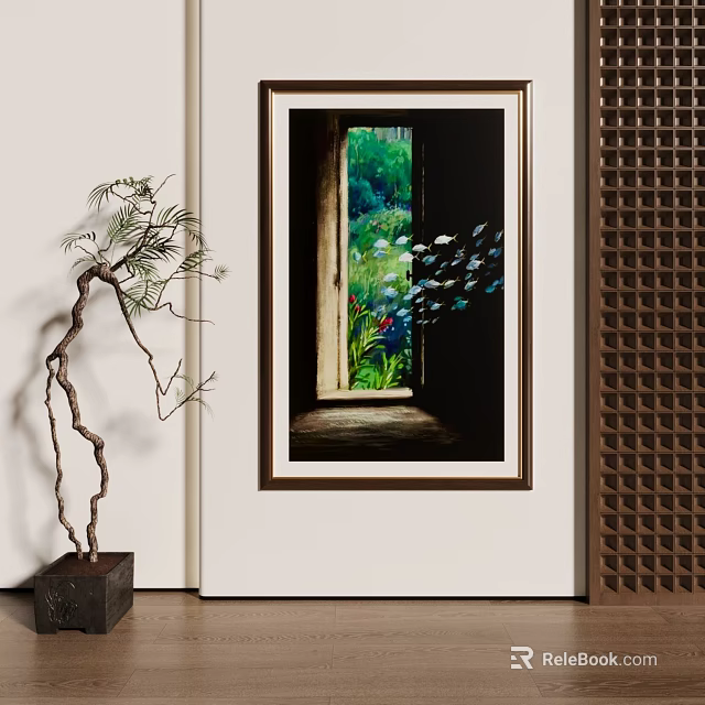 Vibrant Framed Landscape Painting Showing Window View With Green Plants Flowers And Blue Butterflies 3d model 