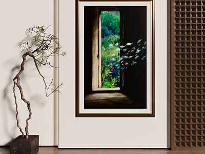 Vibrant Framed Landscape Painting Showing Window View With Green Plants Flowers And Blue Butterflies 3d model