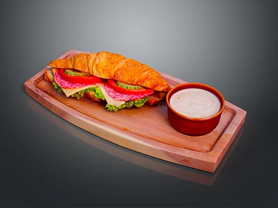 Fresh Croissant Sandwich With Tomato Lettuce On Wooden Tray And Side Cream Sauce Bowl 3d model