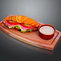 Fresh Croissant Sandwich With Tomato Lettuce On Wooden Tray And Side Cream Sauce Bowl