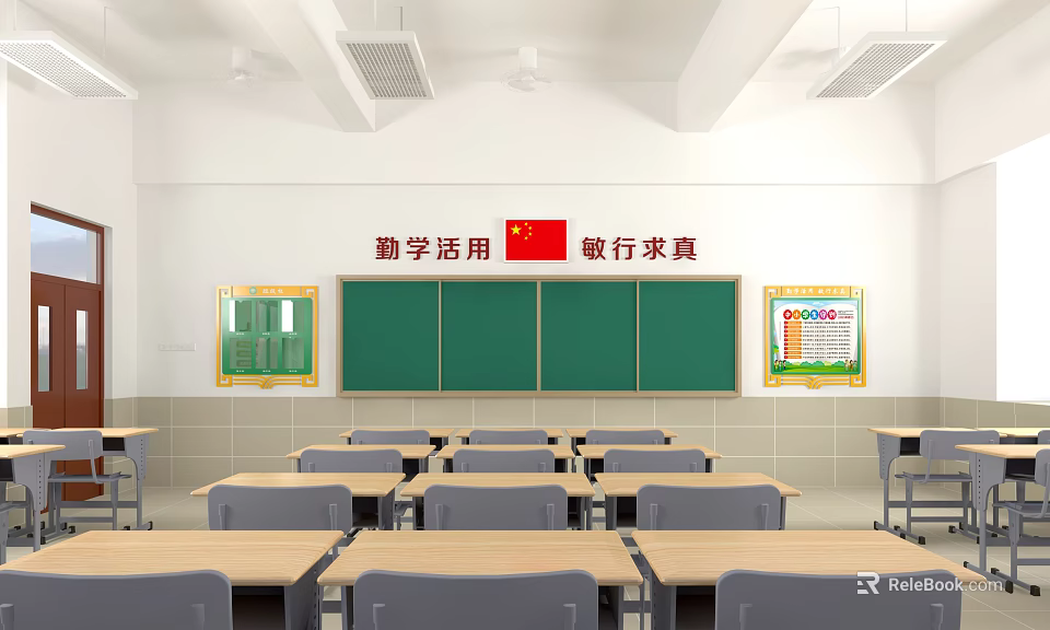 School Classroom Learning Environment With Green Blackboard Desks Chairs National Flag And Educational Posters 3d model 