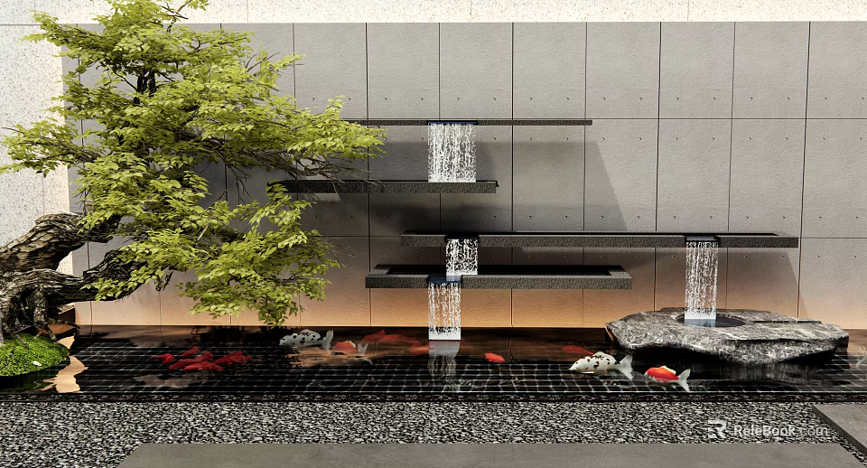 Modern Waterfall Feature With Koi Fish Pond Green Tree Gray Wall And Pebble Floor 3d model 