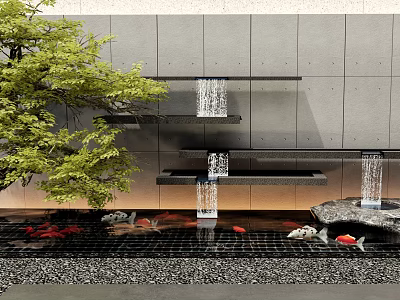 Modern Waterfall Feature With Koi Fish Pond Green Tree Gray Wall And Pebble Floor 3d model