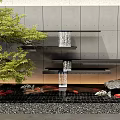 Modern Waterfall Feature With Koi Fish Pond Green Tree Gray Wall And Pebble Floor