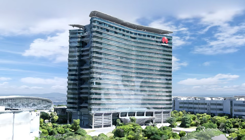Modern High Rise Office Building With Glass Curtain Wall Red Logo And Surrounding Green Trees Blue Sky 3d model 