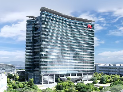 Modern High Rise Office Building With Glass Curtain Wall Red Logo And Surrounding Green Trees Blue Sky 3d model
