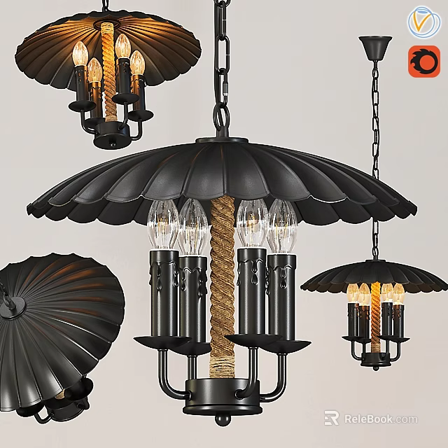 Vintage Black Umbrella Shaped Chandeliers With Glass Bulbs And Rope Accents 3d model 