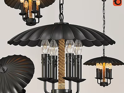 Vintage Black Umbrella Shaped Chandeliers With Glass Bulbs And Rope Accents 3d model